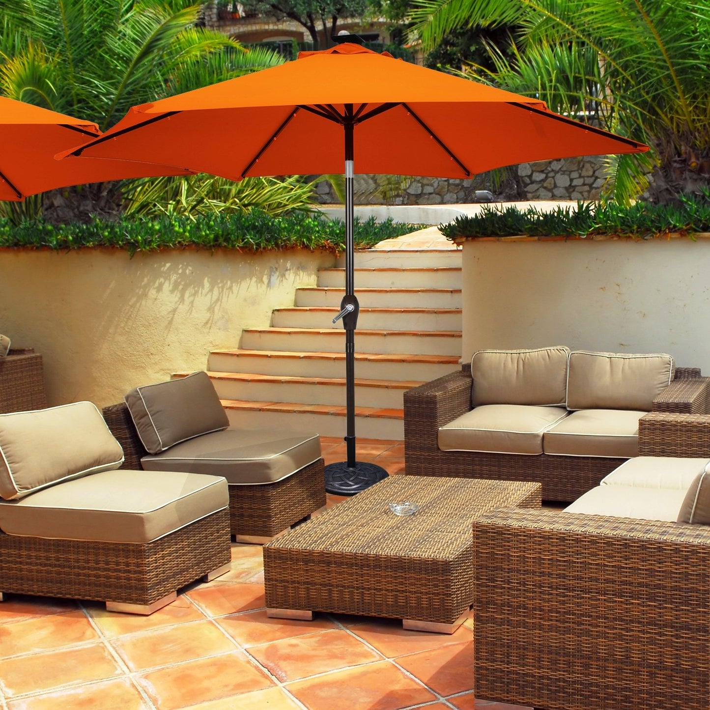 9 Inch Solar LED Lighted Patio Market Umbrella Tilt Adjustment Crank Lift, Orange Outdoor Umbrellas   at Gallery Canada