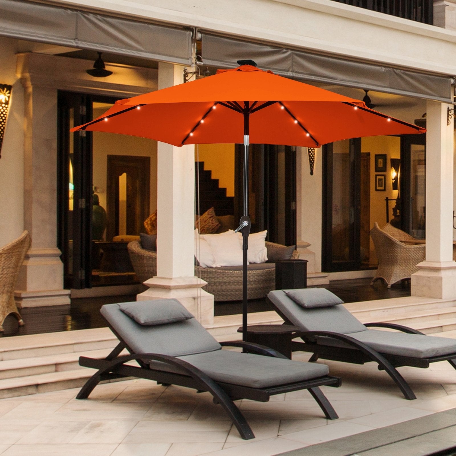 9 Inch Solar LED Lighted Patio Market Umbrella Tilt Adjustment Crank Lift, Orange Outdoor Umbrellas   at Gallery Canada