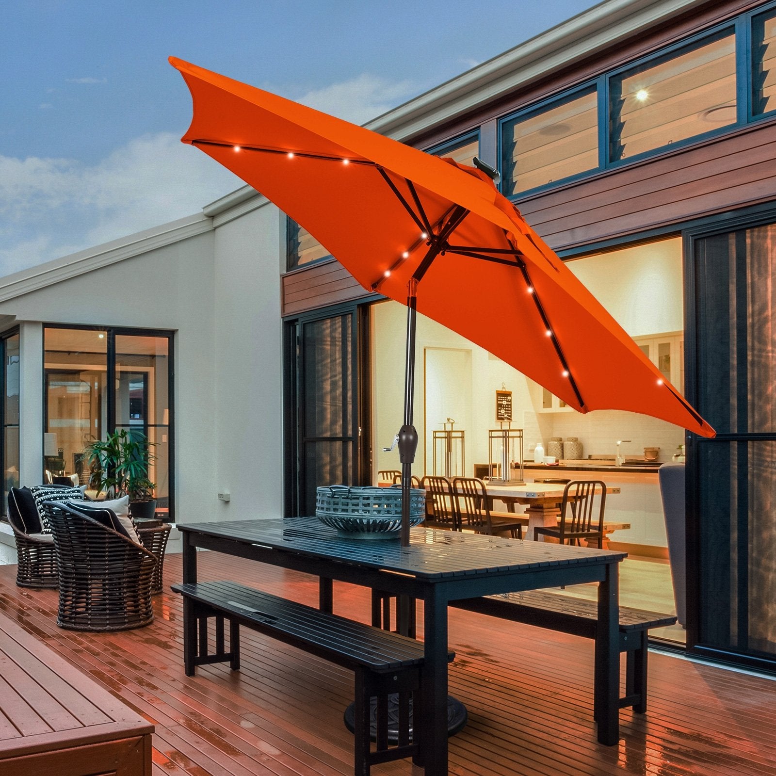 9 Inch Solar LED Lighted Patio Market Umbrella Tilt Adjustment Crank Lift, Orange Outdoor Umbrellas   at Gallery Canada