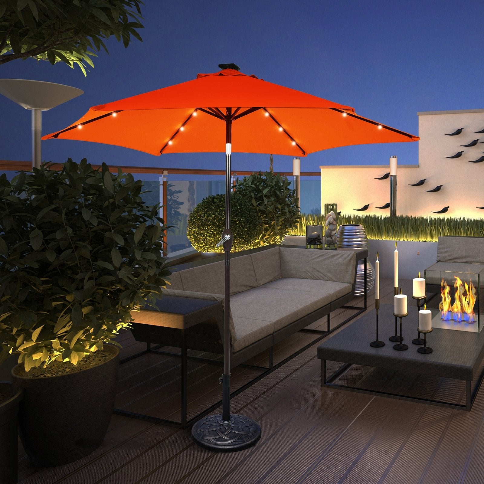 9 Inch Solar LED Lighted Patio Market Umbrella Tilt Adjustment Crank Lift, Orange Outdoor Umbrellas   at Gallery Canada