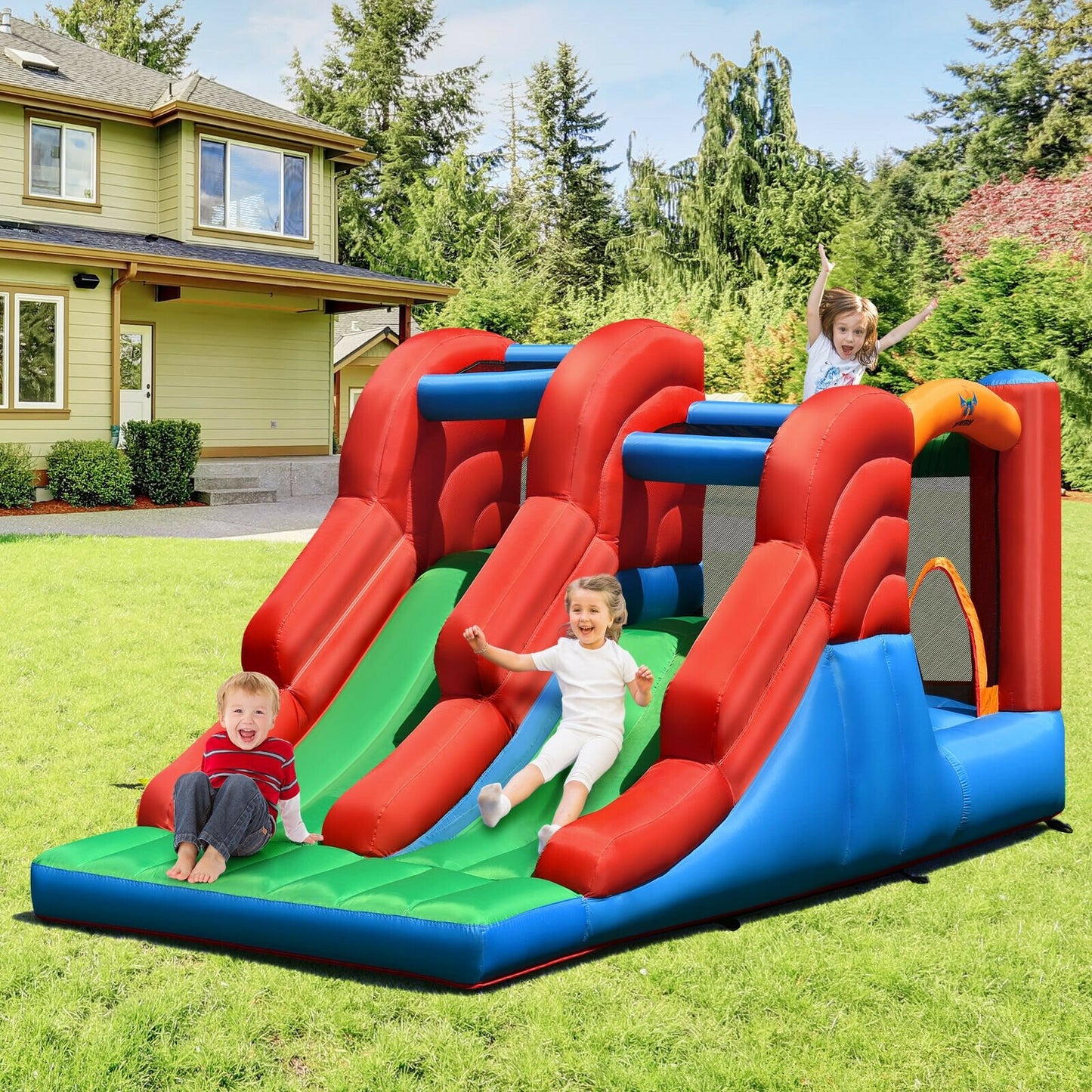 3-in-1 Dual Slides Jumping Castle Bouncer without Blower, Blue & Green Bounce House   at Gallery Canada