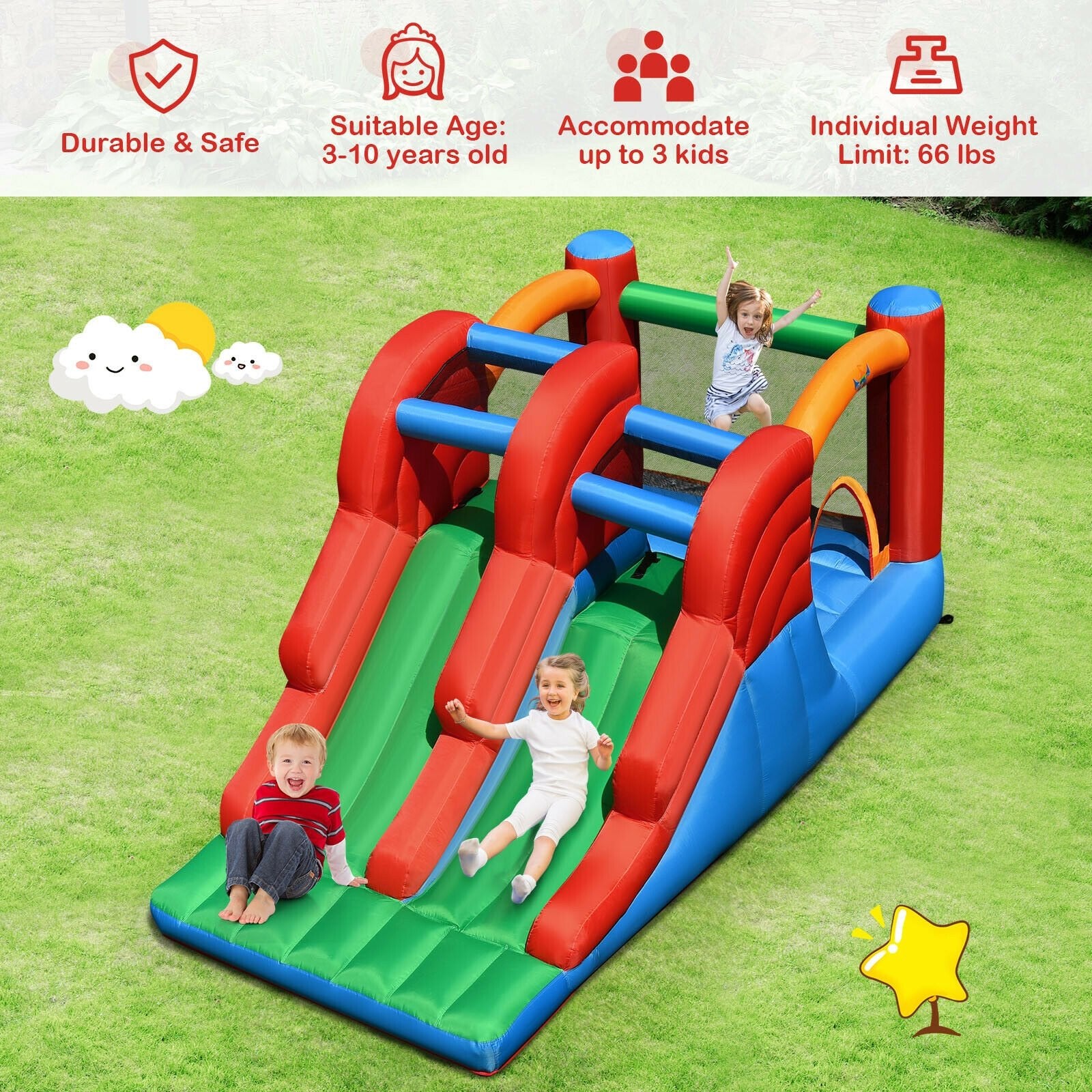 3-in-1 Dual Slides Jumping Castle Bouncer without Blower, Blue & Green - Gallery Canada