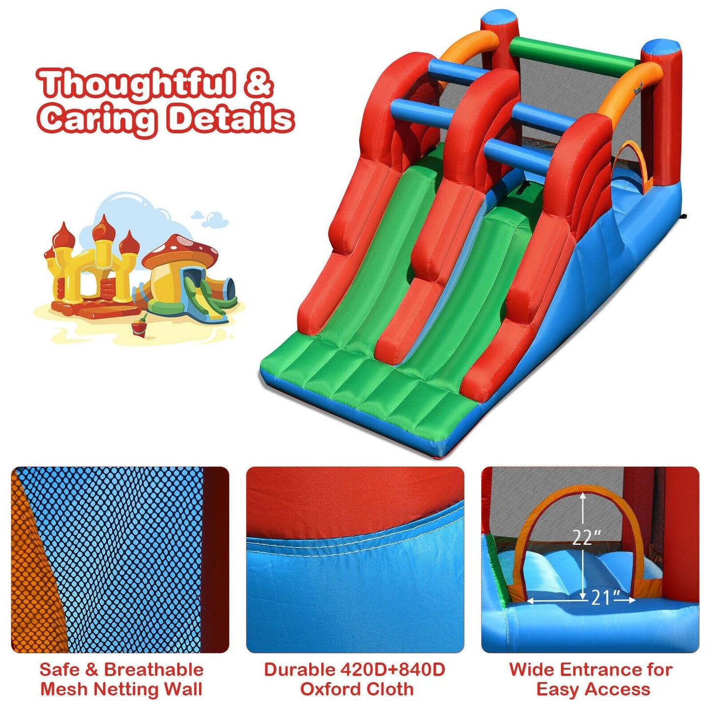 3-in-1 Dual Slides Jumping Castle Bouncer without Blower, Blue & Green - Gallery Canada