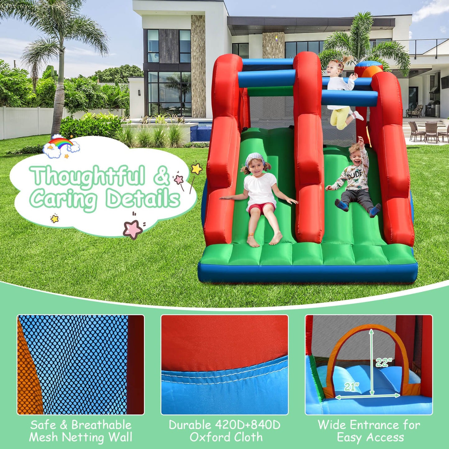 3-in-1 Dual Slides Jumping Castle Bouncer without Blower, Blue & Green Bounce House   at Gallery Canada