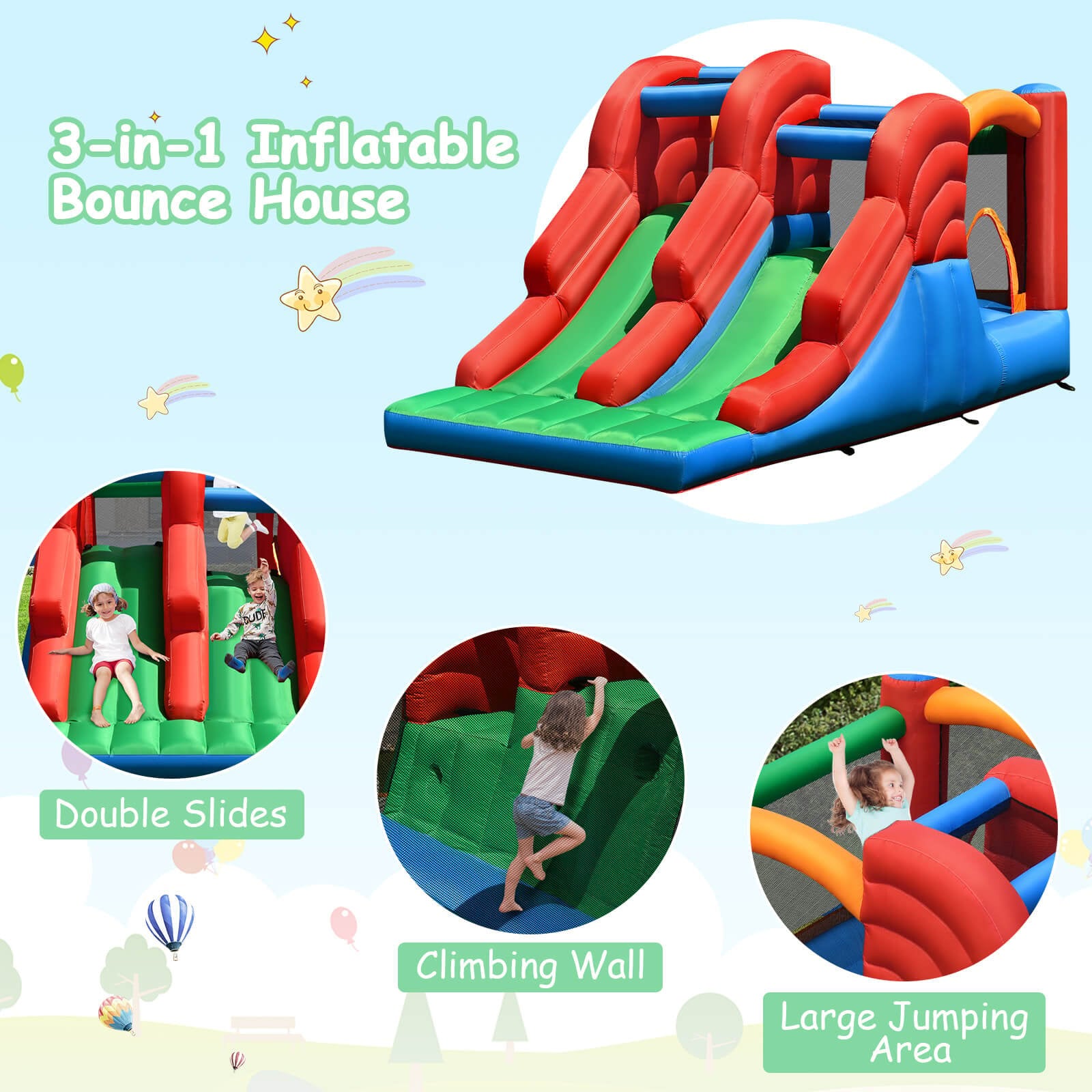 3-in-1 Dual Slides Jumping Castle Bouncer without Blower, Blue & Green - Gallery Canada