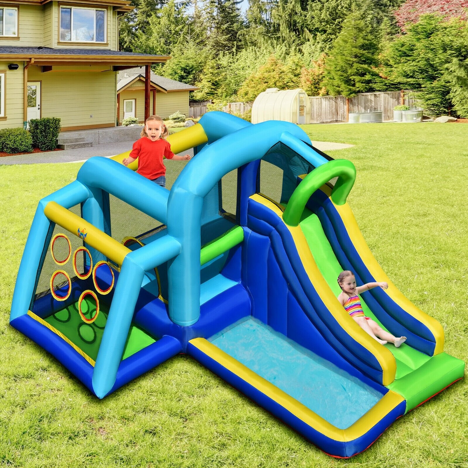 5-in-1 Kids Inflatable Climbing Bounce House without Blower, Blue - Gallery Canada