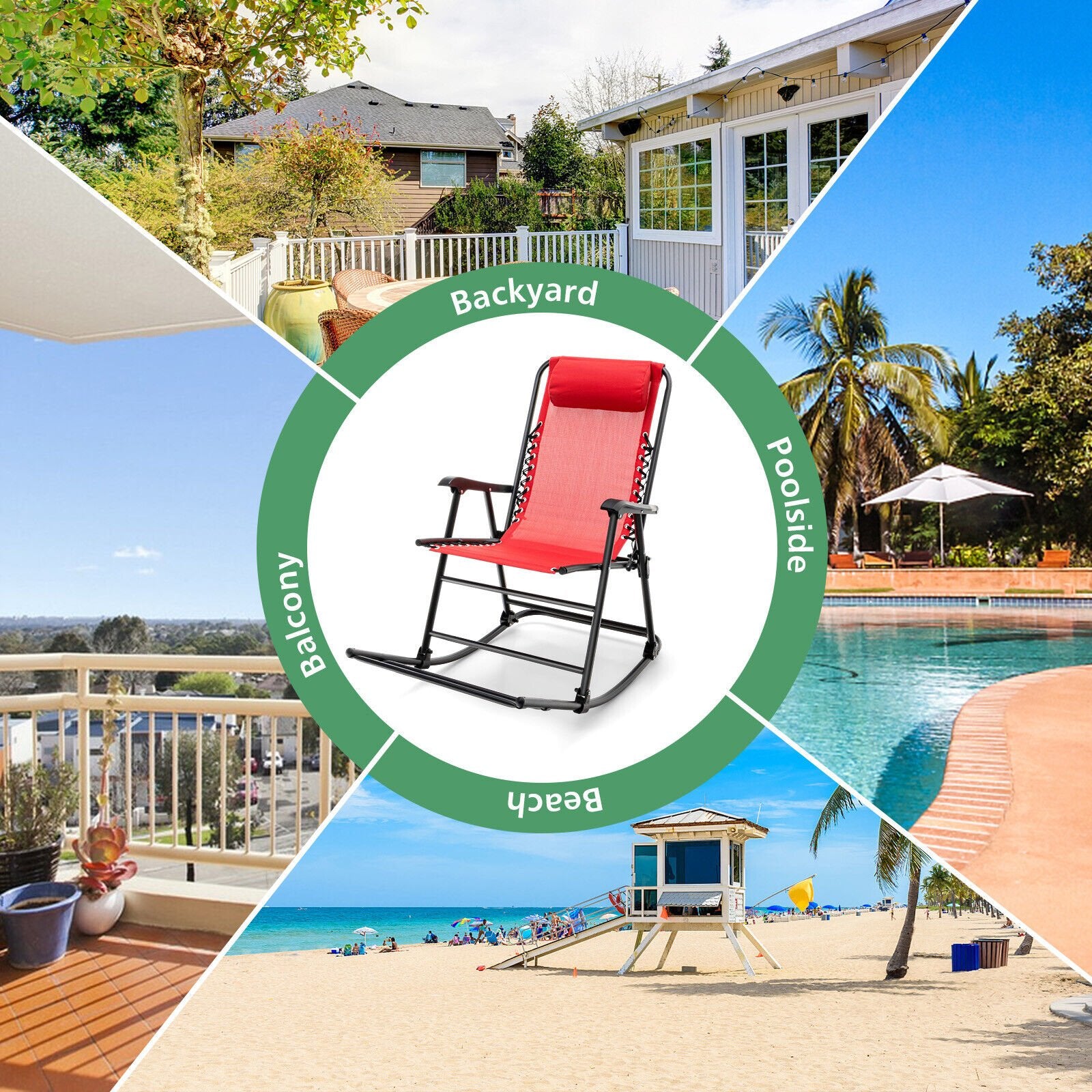 Outdoor Patio Camping Lightweight Folding Rocking Chair with Footrest , Red Patio Rocking Chairs & Gliders   at Gallery Canada