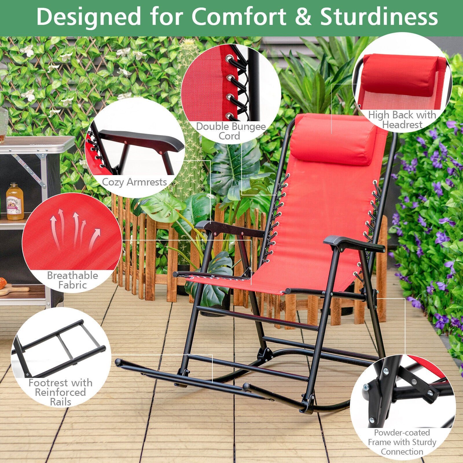 Outdoor Patio Camping Lightweight Folding Rocking Chair with Footrest , Red Patio Rocking Chairs & Gliders   at Gallery Canada