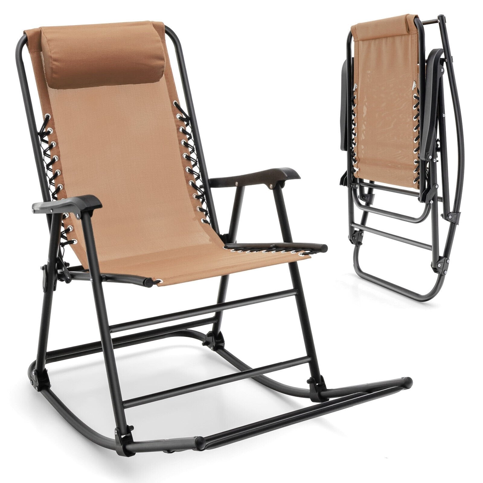 Outdoor Patio Camping Lightweight Folding Rocking Chair with Footrest , Beige Patio Rocking Chairs & Gliders   at Gallery Canada