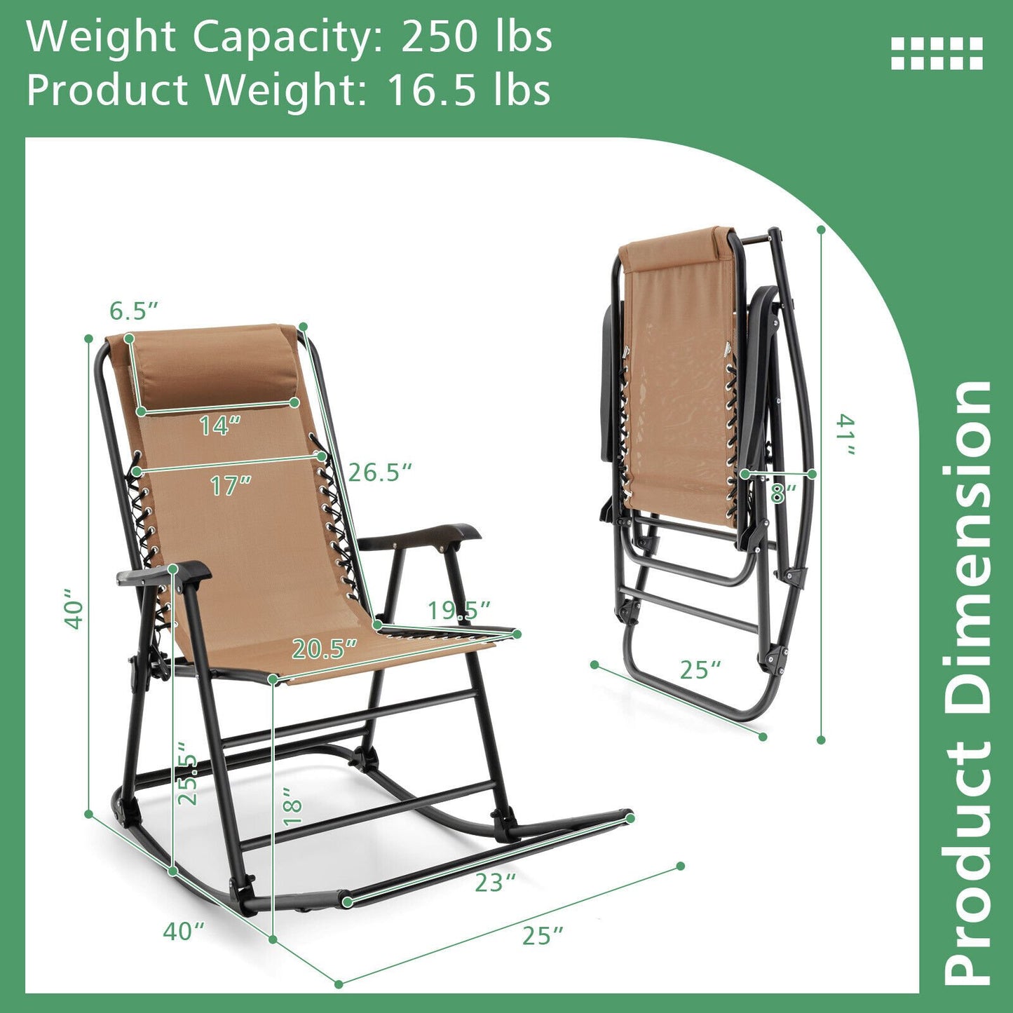 Outdoor Patio Camping Lightweight Folding Rocking Chair with Footrest , Beige Patio Rocking Chairs & Gliders   at Gallery Canada