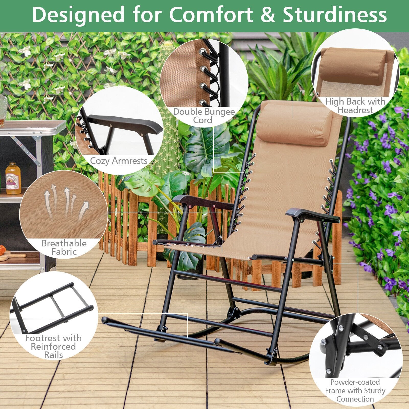 Outdoor Patio Camping Lightweight Folding Rocking Chair with Footrest , Beige Patio Rocking Chairs & Gliders   at Gallery Canada