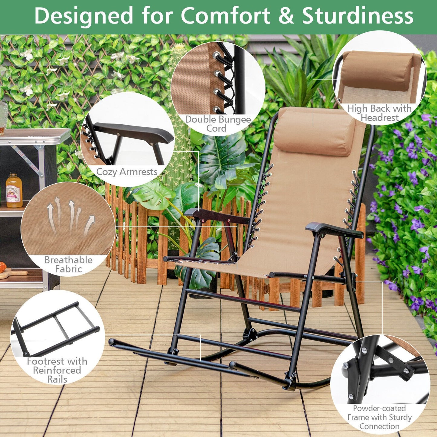 Outdoor Patio Camping Lightweight Folding Rocking Chair with Footrest , Beige Patio Rocking Chairs & Gliders   at Gallery Canada