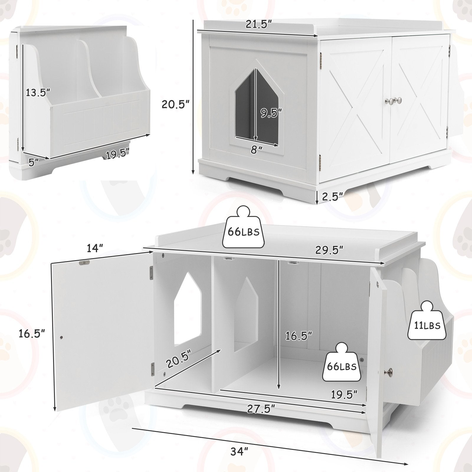 Large Wooden Cat Litter Box Enclosure with the Storage Rack, White - Gallery Canada