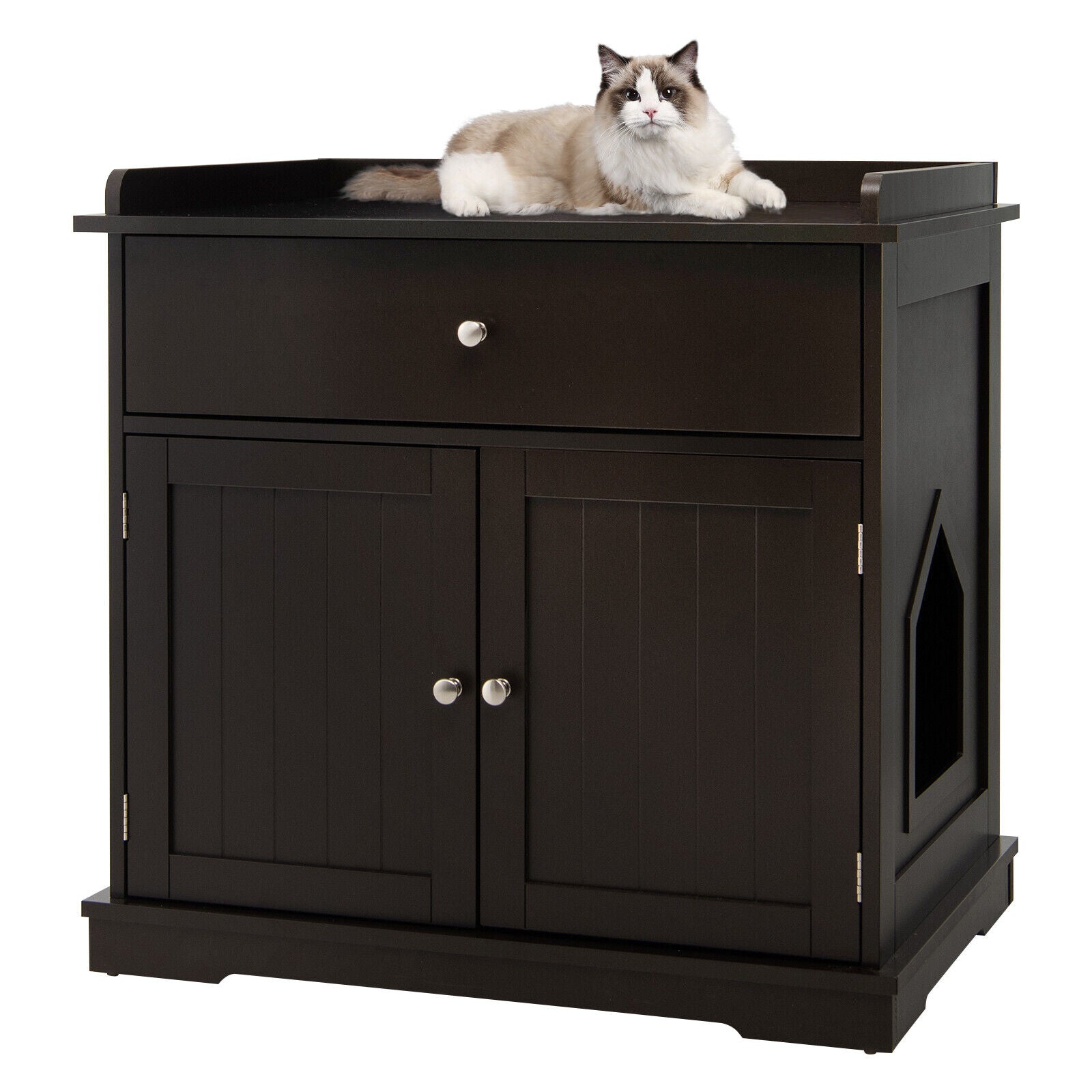 Wooden Cat Litter Box Enclosure with Drawer Side Table Furniture, Brown Cat Houses at Gallery Canada