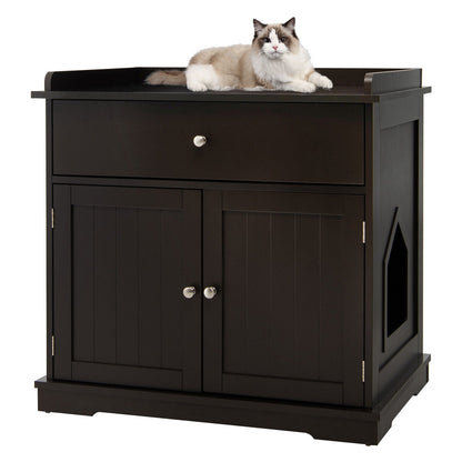 Wooden Cat Litter Box Enclosure with Drawer Side Table Furniture, Brown - Gallery Canada
