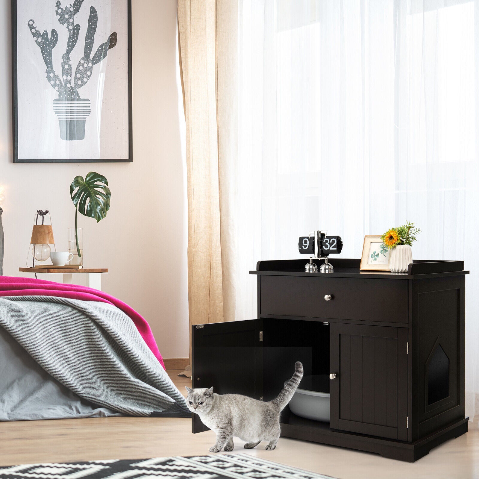 Wooden Cat Litter Box Enclosure with Drawer Side Table Furniture, Brown Cat Houses at Gallery Canada