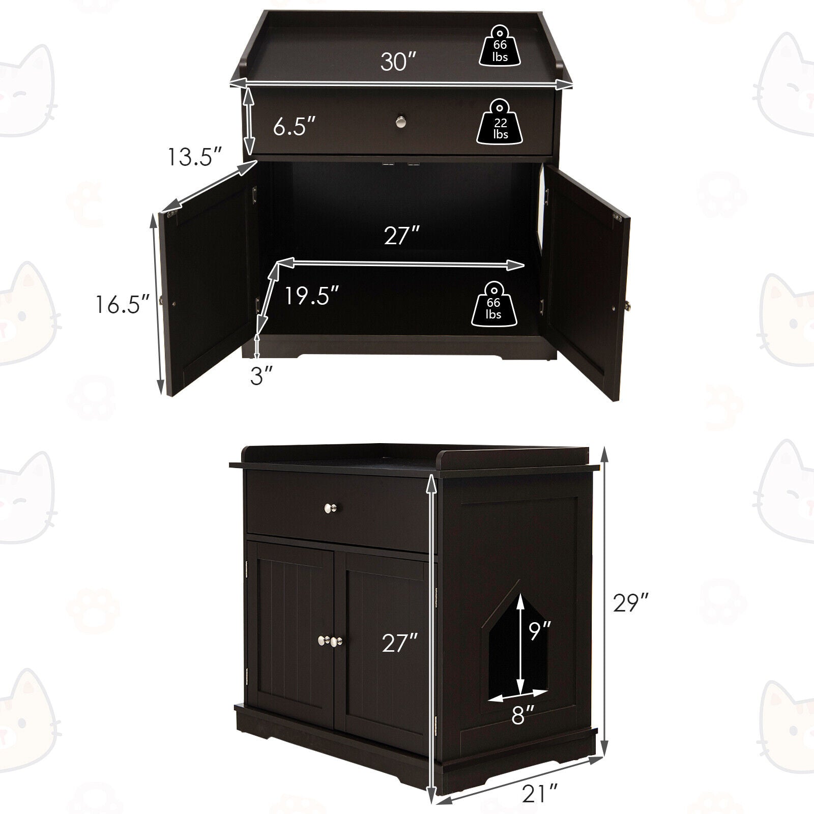 Wooden Cat Litter Box Enclosure with Drawer Side Table Furniture, Brown Cat Houses at Gallery Canada