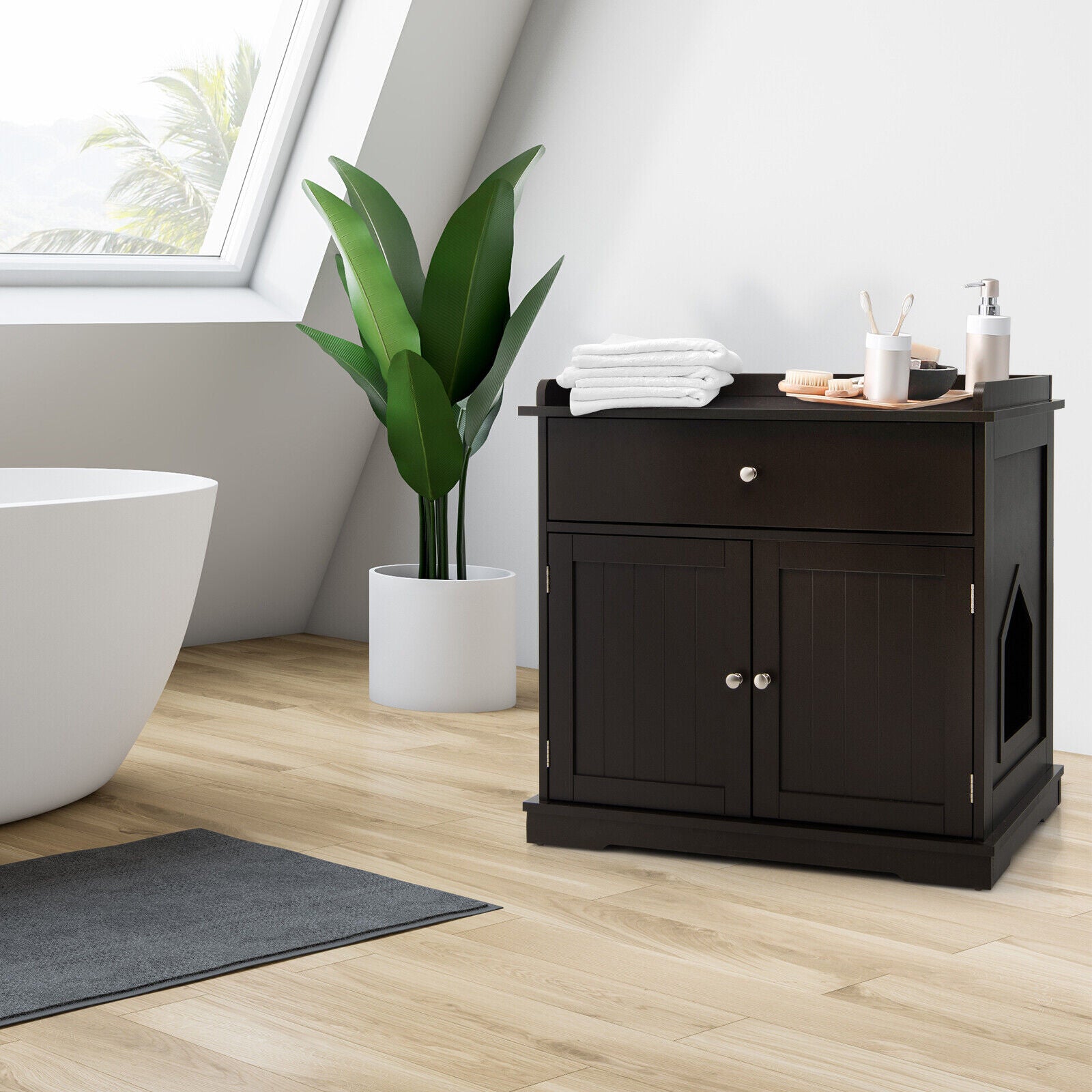 Wooden Cat Litter Box Enclosure with Drawer Side Table Furniture, Brown Cat Houses at Gallery Canada