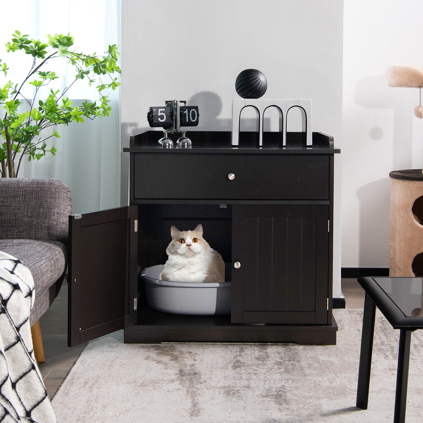 Wooden Cat Litter Box Enclosure with Drawer Side Table Furniture, Brown Cat Houses at Gallery Canada