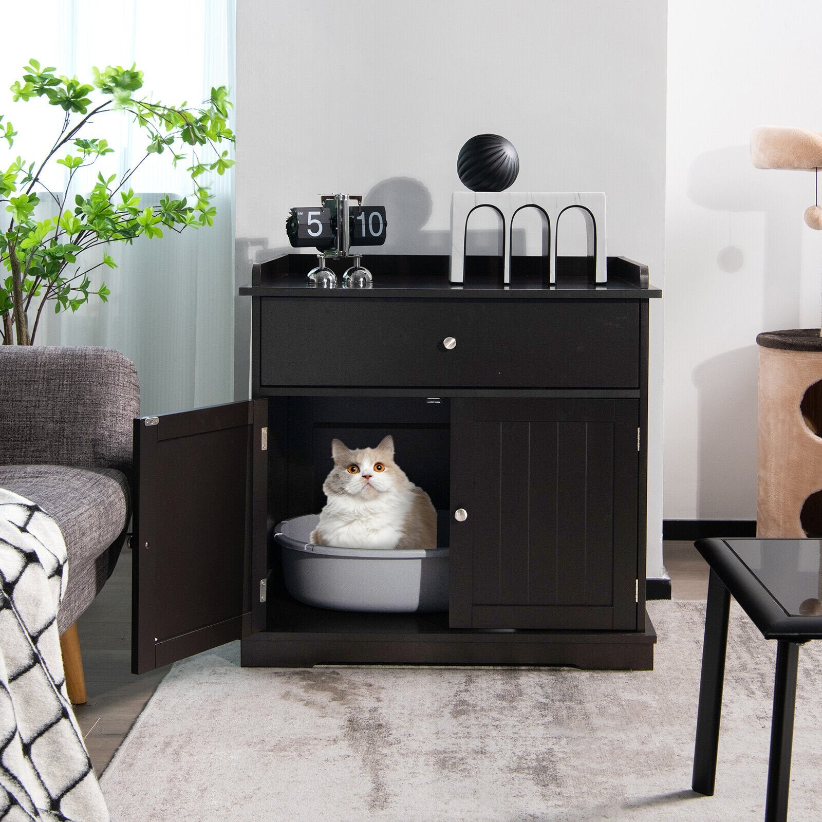 Wooden Cat Litter Box Enclosure with Drawer Side Table Furniture, Brown Cat Houses   at Gallery Canada