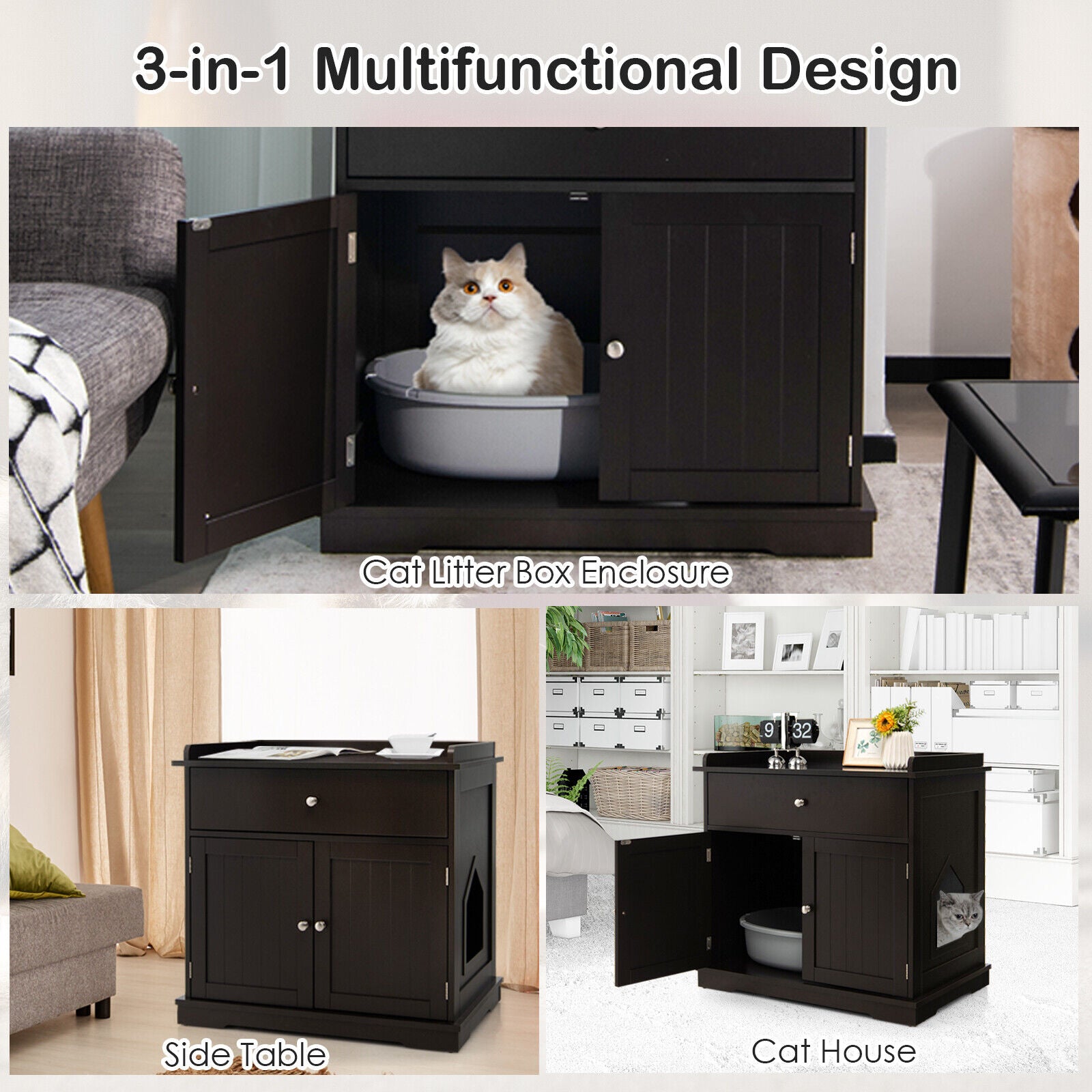 Wooden Cat Litter Box Enclosure with Drawer Side Table Furniture, Brown Cat Houses at Gallery Canada