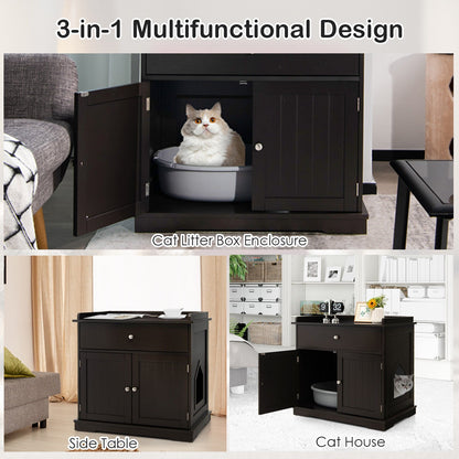 Wooden Cat Litter Box Enclosure with Drawer Side Table Furniture, Brown - Gallery Canada