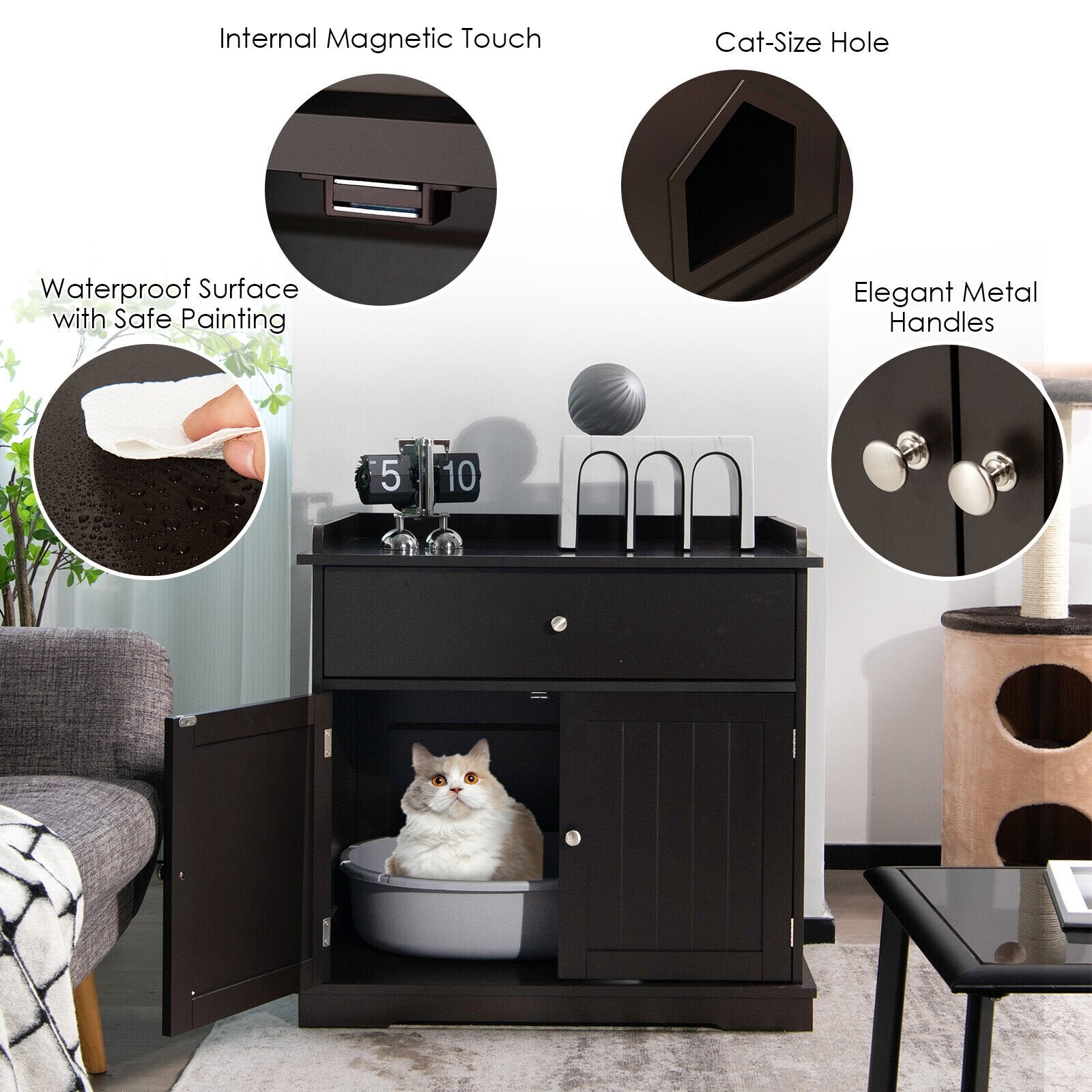 Wooden Cat Litter Box Enclosure with Drawer Side Table Furniture, Brown Cat Houses   at Gallery Canada