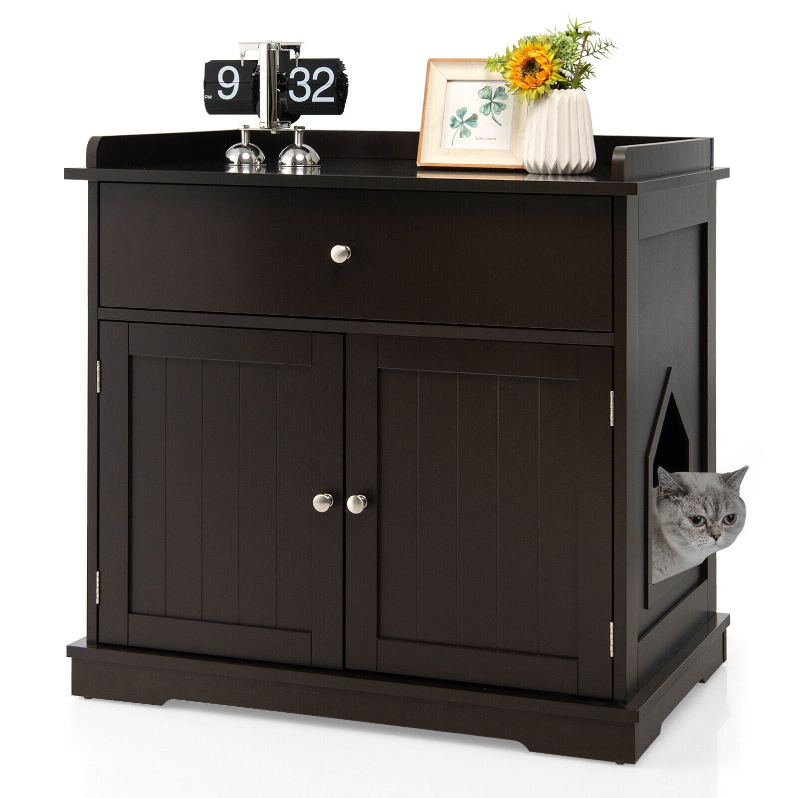 Wooden Cat Litter Box Enclosure with Drawer Side Table Furniture, Brown Cat Houses at Gallery Canada