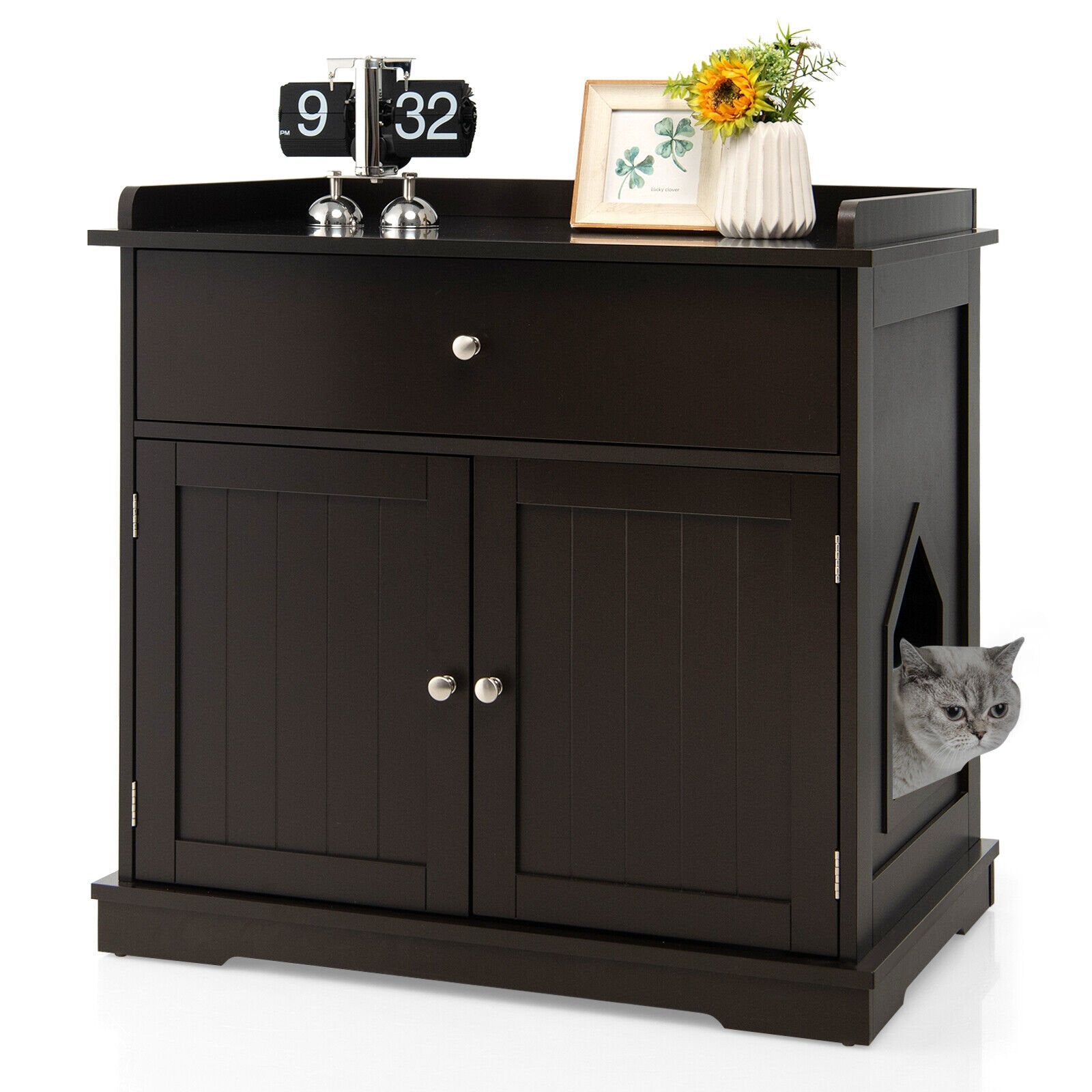 Wooden Cat Litter Box Enclosure with Drawer Side Table Furniture, Brown Cat Houses   at Gallery Canada