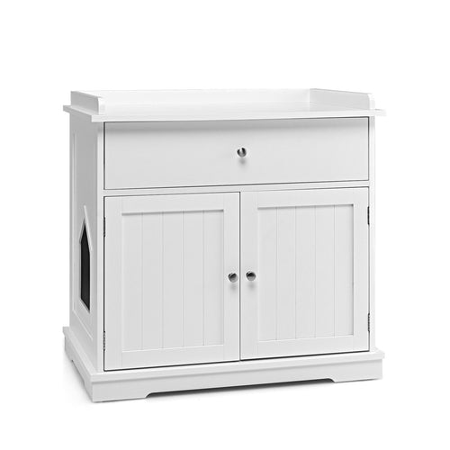 Wooden Cat Litter Box Enclosure with Drawer Side Table Furniture, White