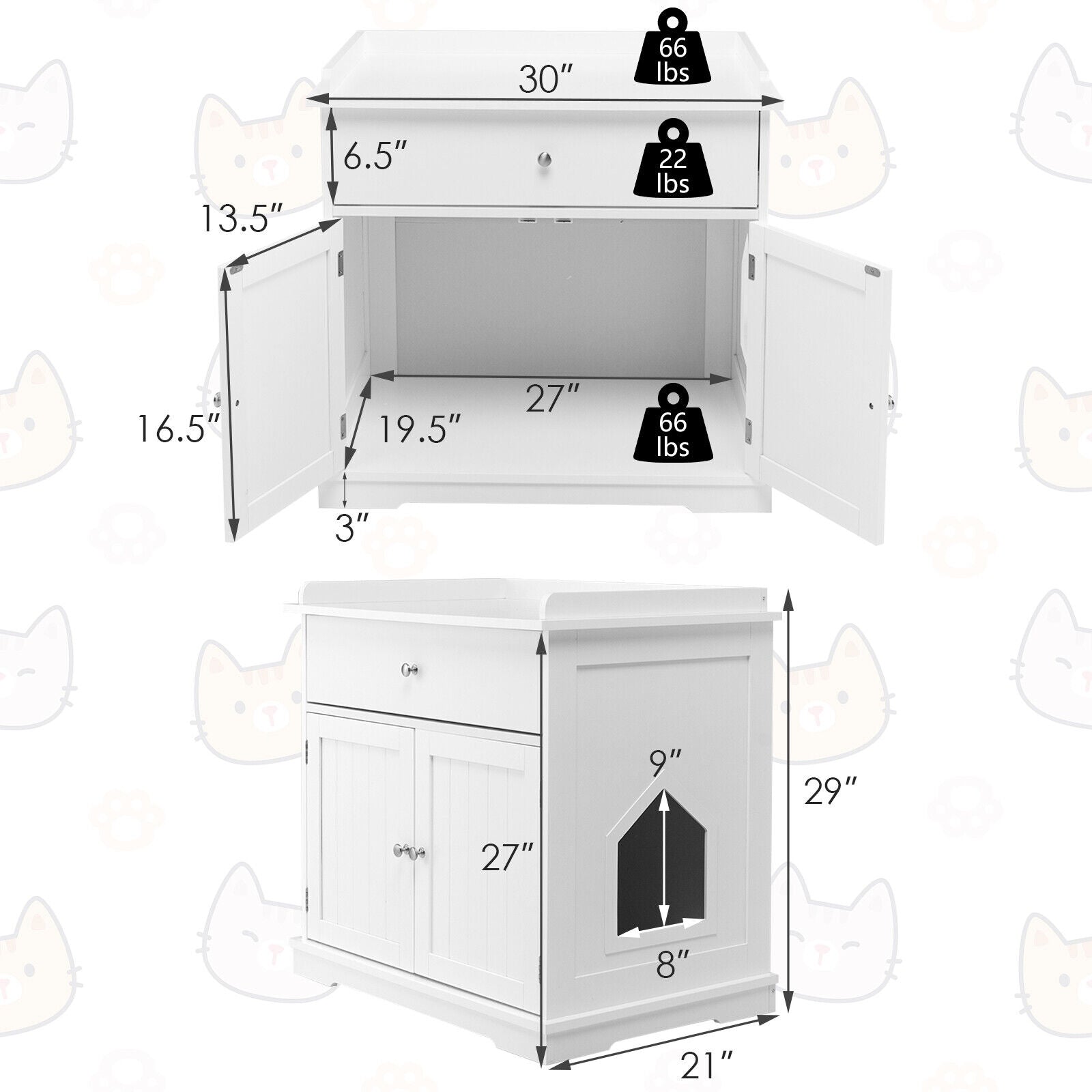 Wooden Cat Litter Box Enclosure with Drawer Side Table Furniture, White Cat Houses at Gallery Canada
