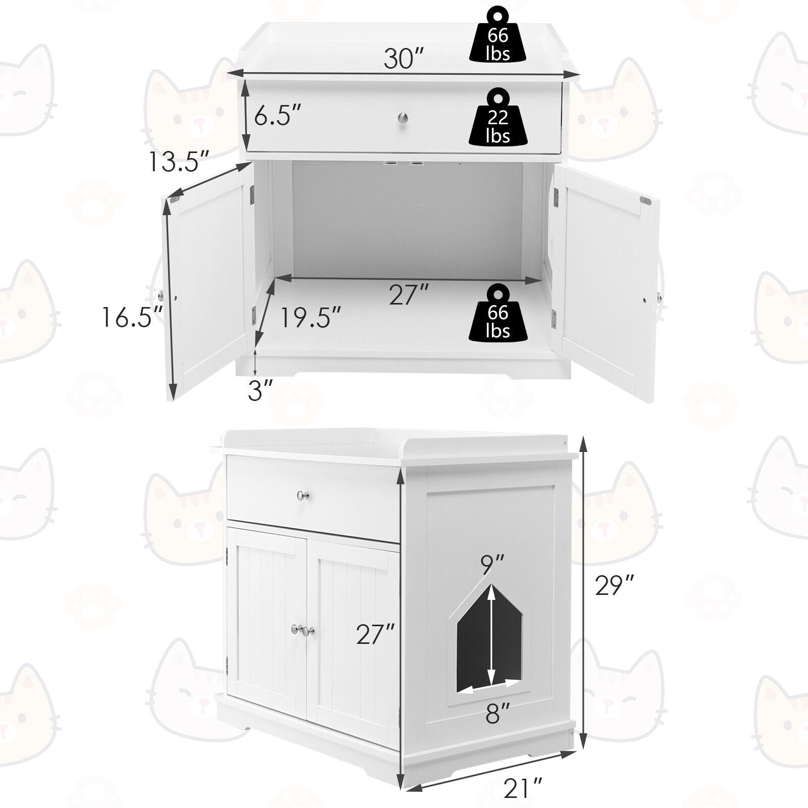 Wooden Cat Litter Box Enclosure with Drawer Side Table Furniture, White Cat Houses   at Gallery Canada