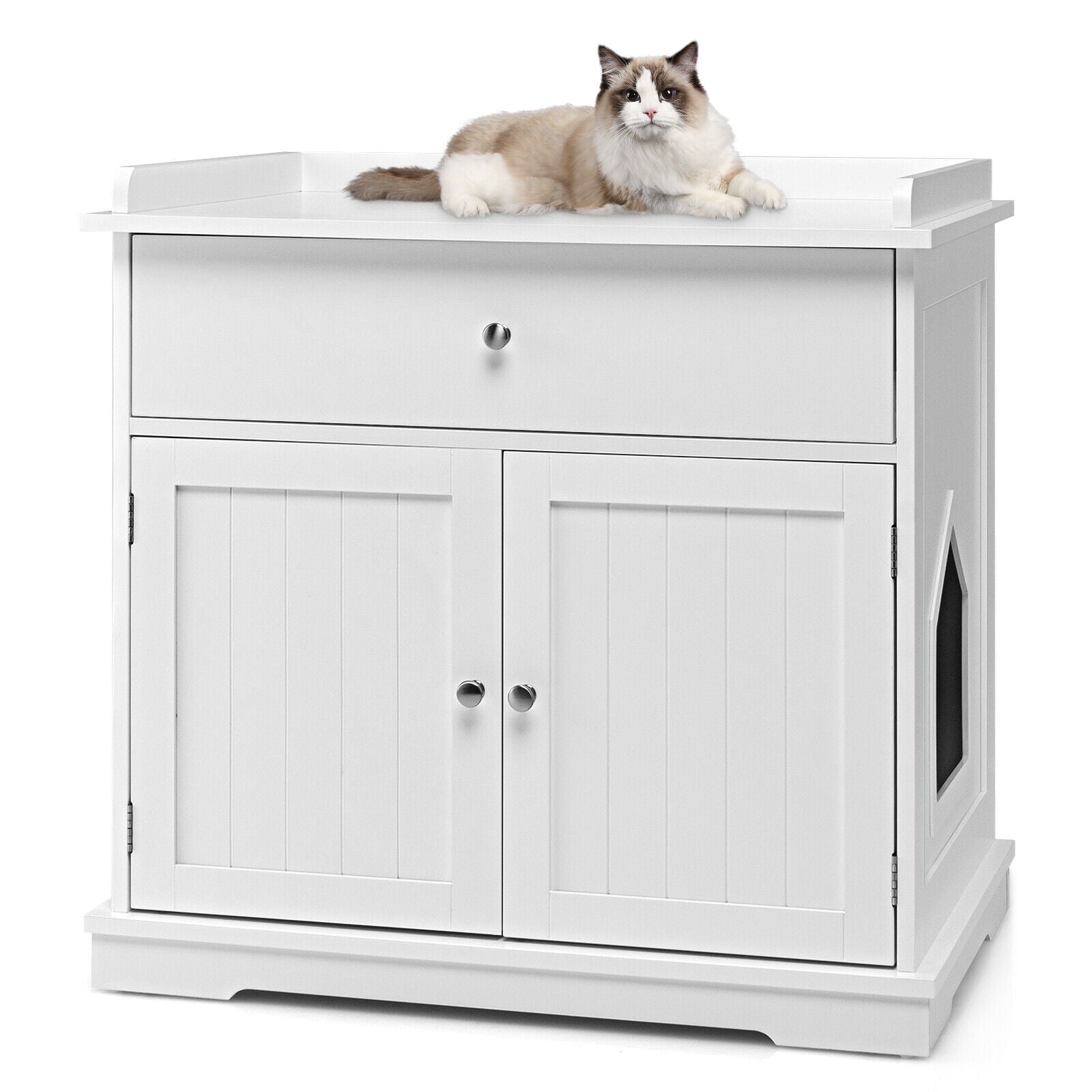 Wooden Cat Litter Box Enclosure with Drawer Side Table Furniture, White Cat Houses at Gallery Canada