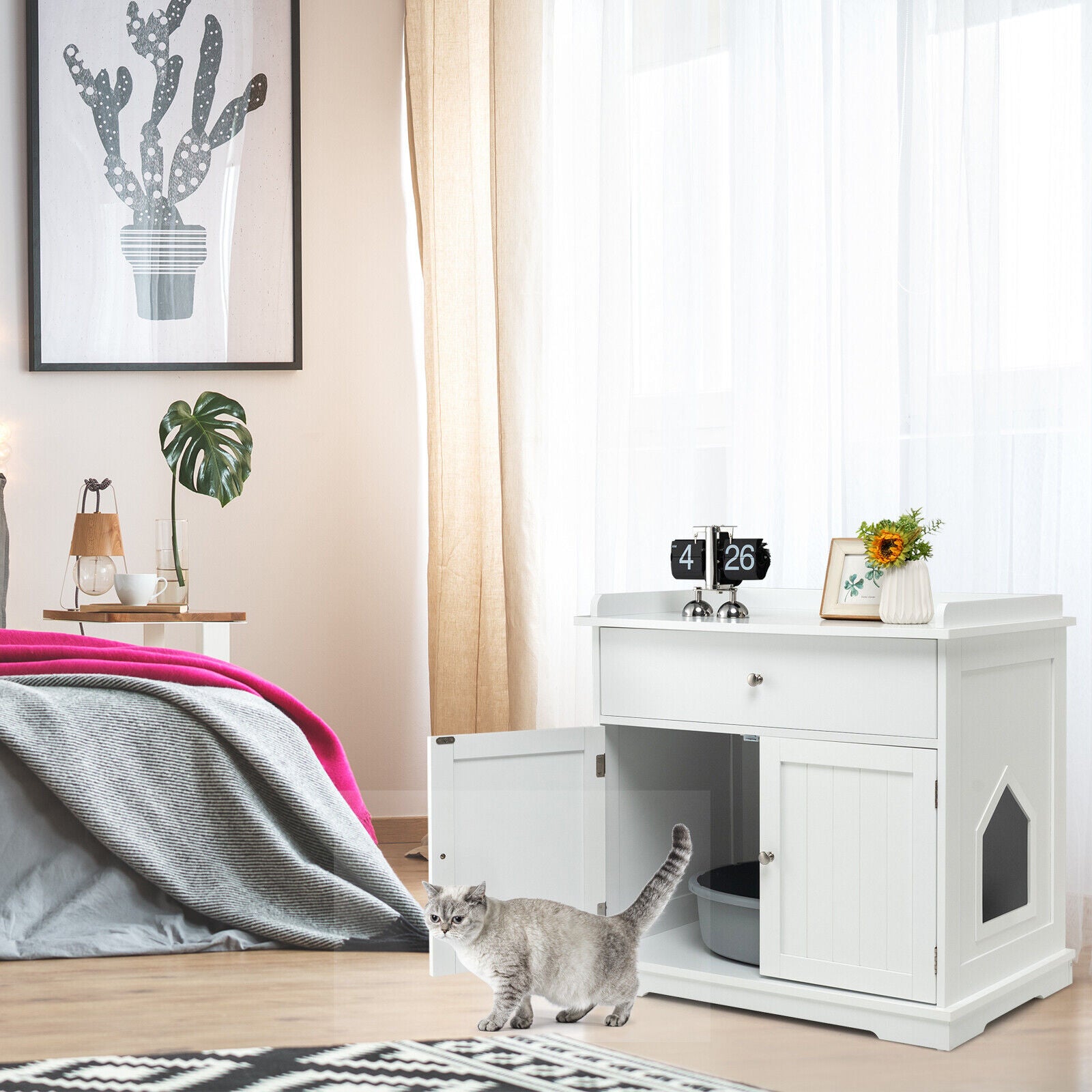 Wooden Cat Litter Box Enclosure with Drawer Side Table Furniture, White Cat Houses at Gallery Canada