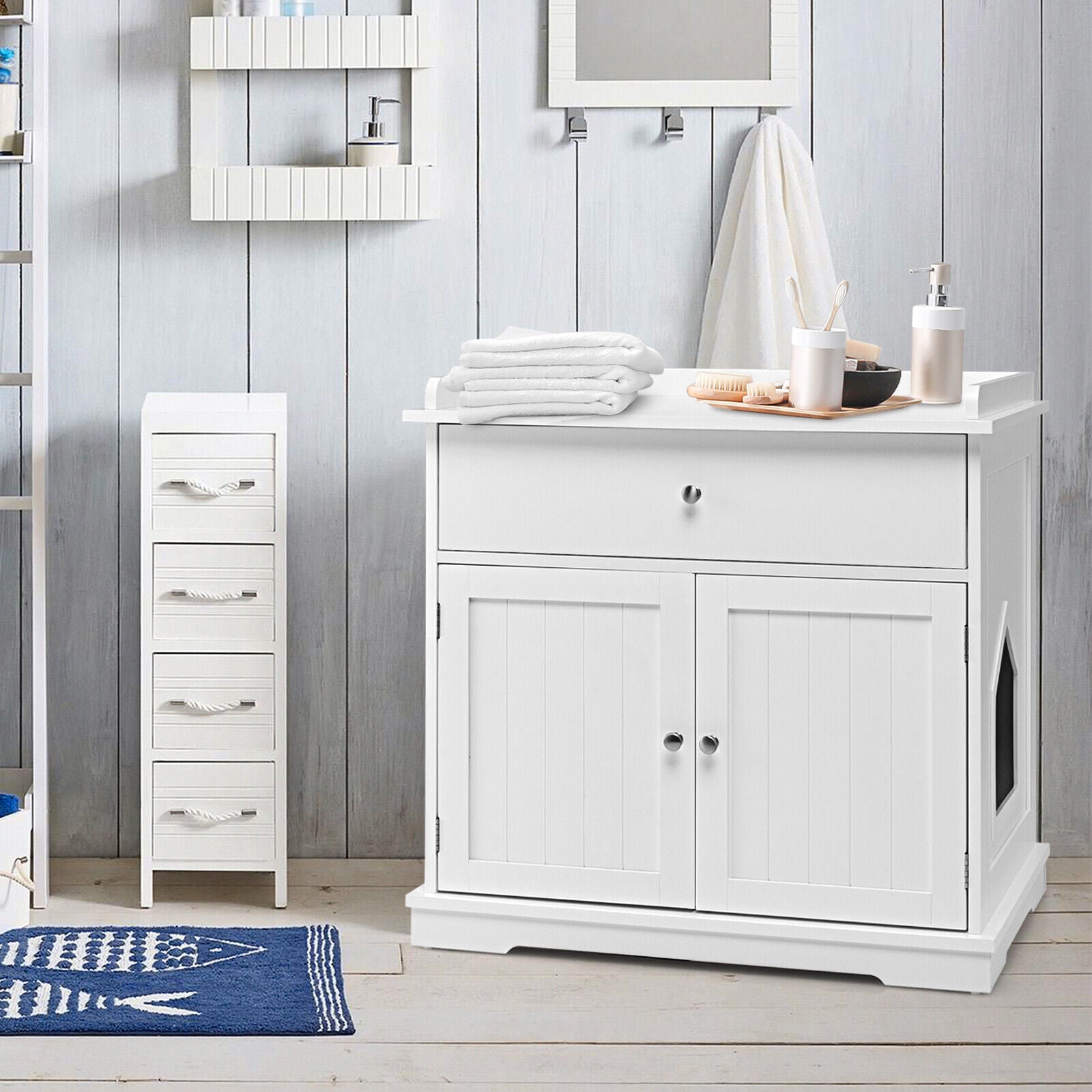 Wooden Cat Litter Box Enclosure with Drawer Side Table Furniture, White Cat Houses at Gallery Canada