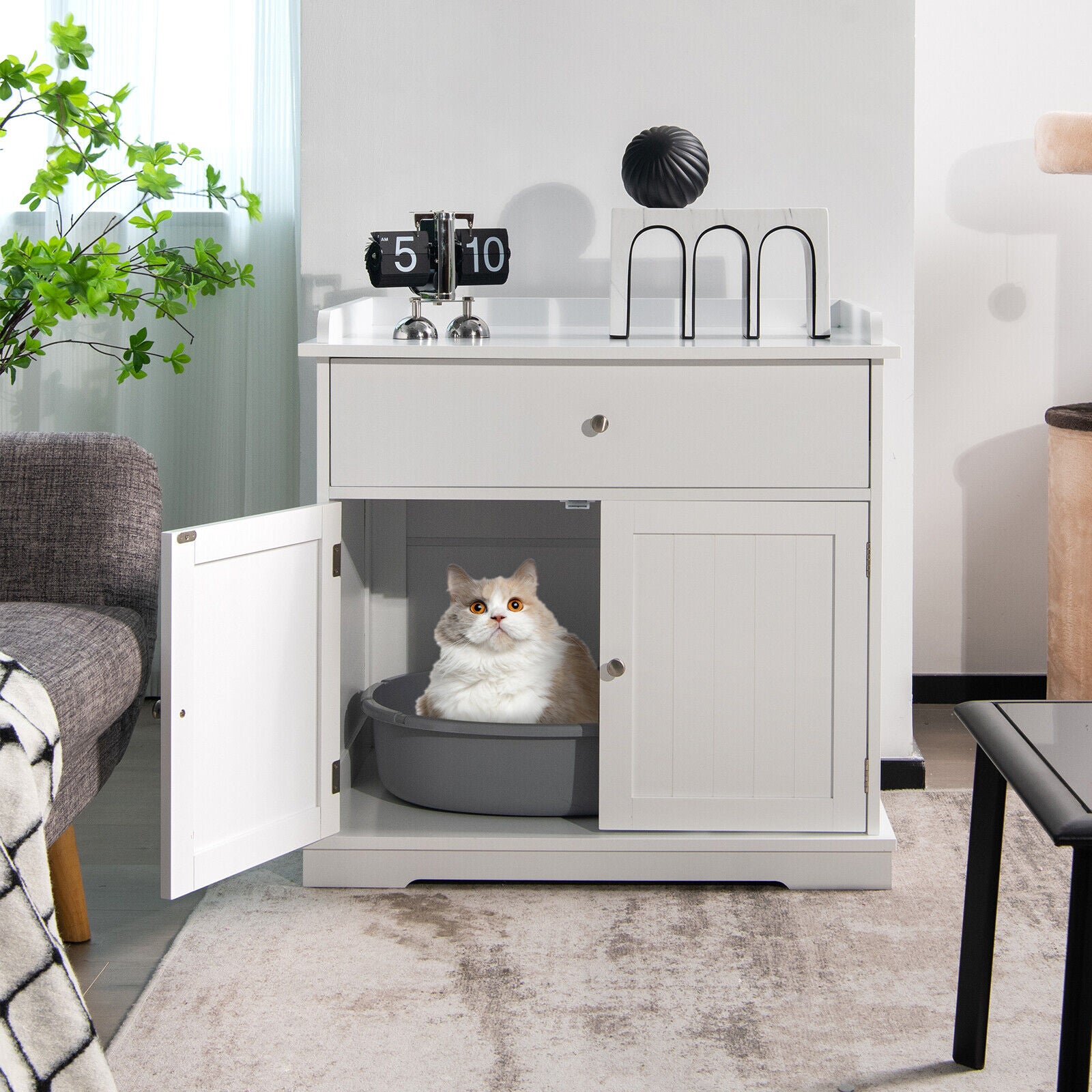 Wooden Cat Litter Box Enclosure with Drawer Side Table Furniture, White Cat Houses at Gallery Canada