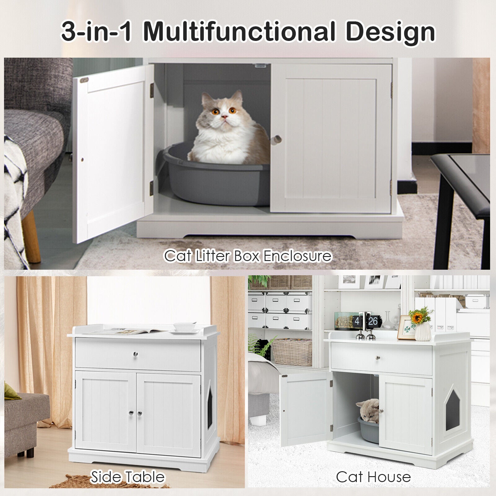 Wooden Cat Litter Box Enclosure with Drawer Side Table Furniture, White Cat Houses at Gallery Canada