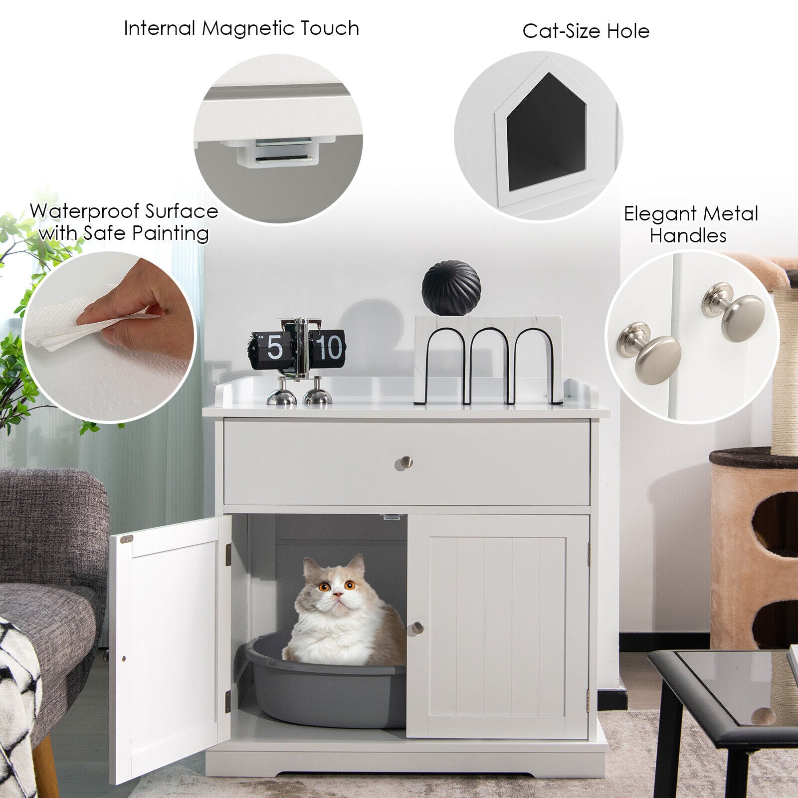 Wooden Cat Litter Box Enclosure with Drawer Side Table Furniture, White Cat Houses at Gallery Canada