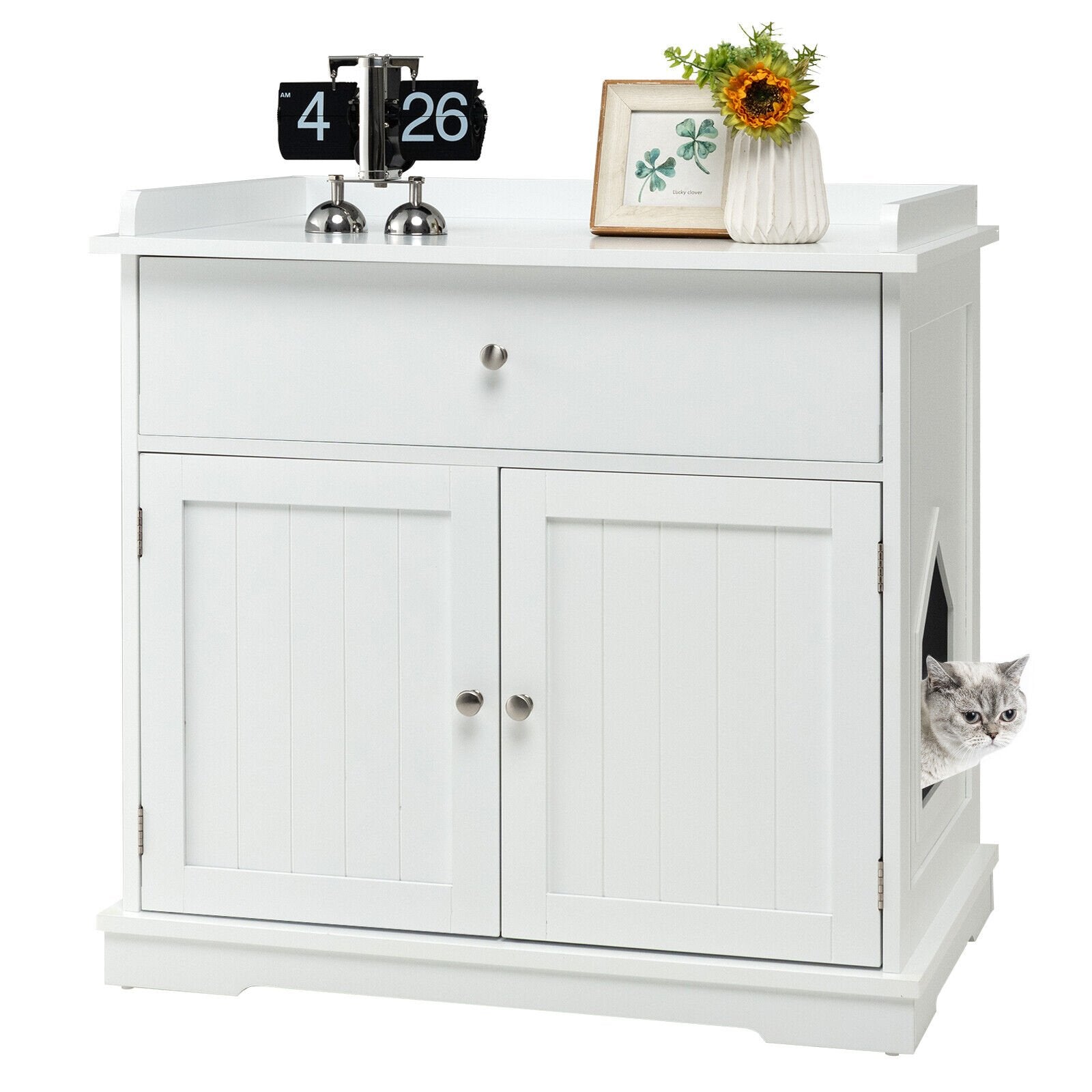 Wooden Cat Litter Box Enclosure with Drawer Side Table Furniture, White Cat Houses   at Gallery Canada