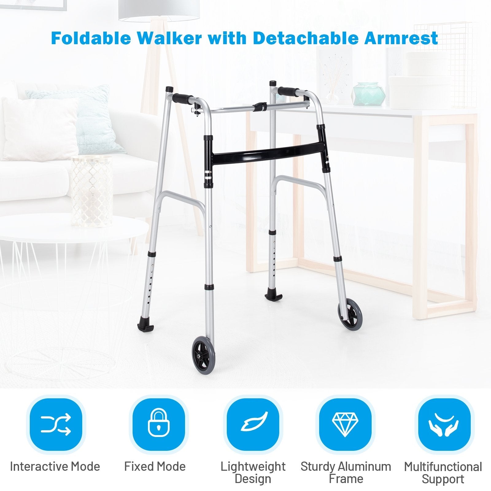 Folding Height Adjustable Walking Frame with Armrest Support, Silver Walkers & Rollators   at Gallery Canada