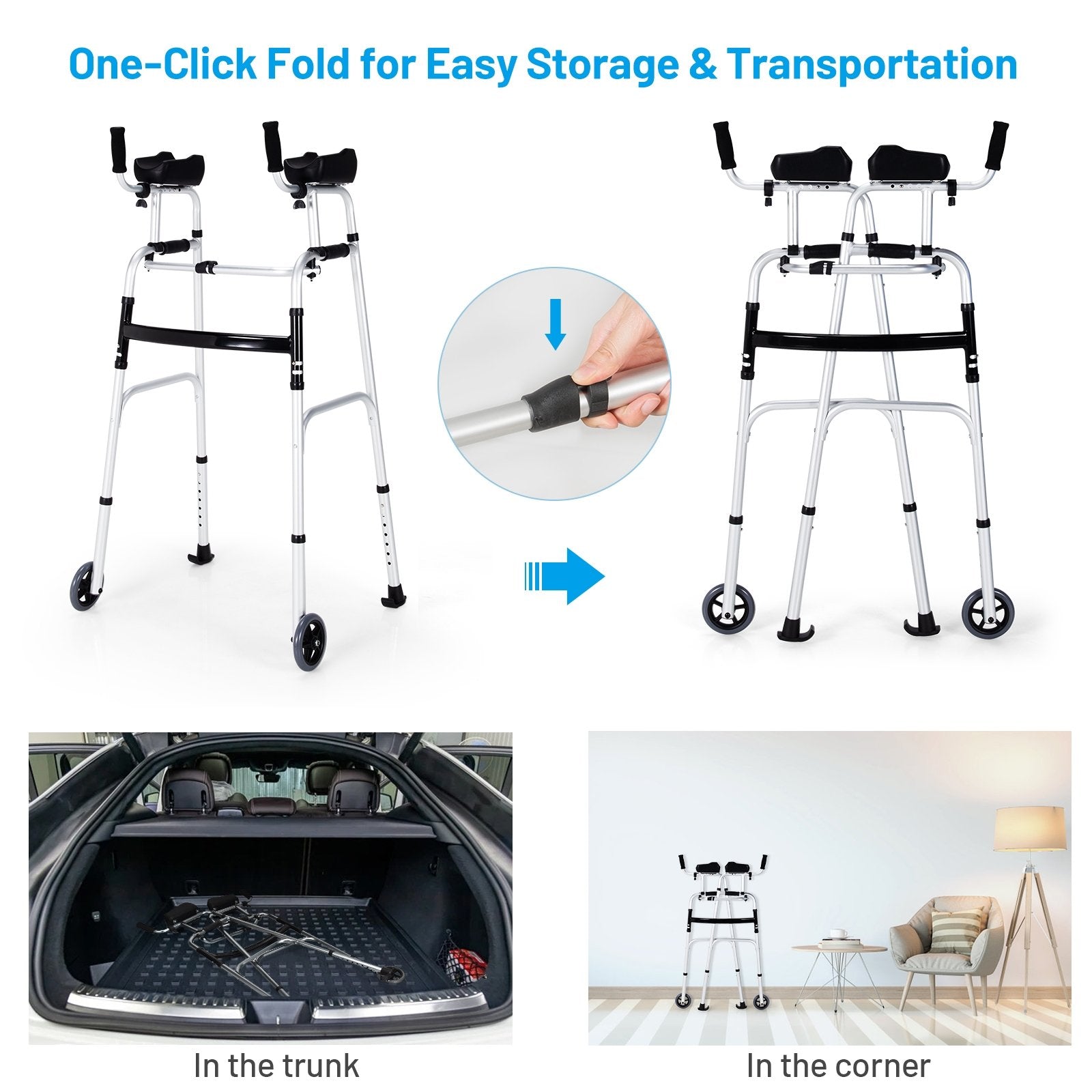 Folding Height Adjustable Walking Frame with Armrest Support, Silver Walkers & Rollators   at Gallery Canada