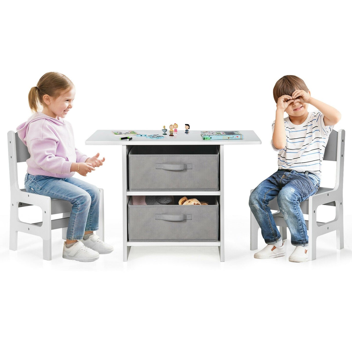 Wooden Kids Table and Chairs with Storage Baskets Puzzle, Gray & White - Gallery Canada
