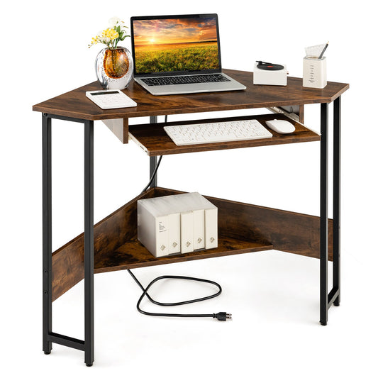 Triangle Corner Desk with Charging Station Keyboard Tray and Storage Shelf, Rustic Brown - Gallery Canada