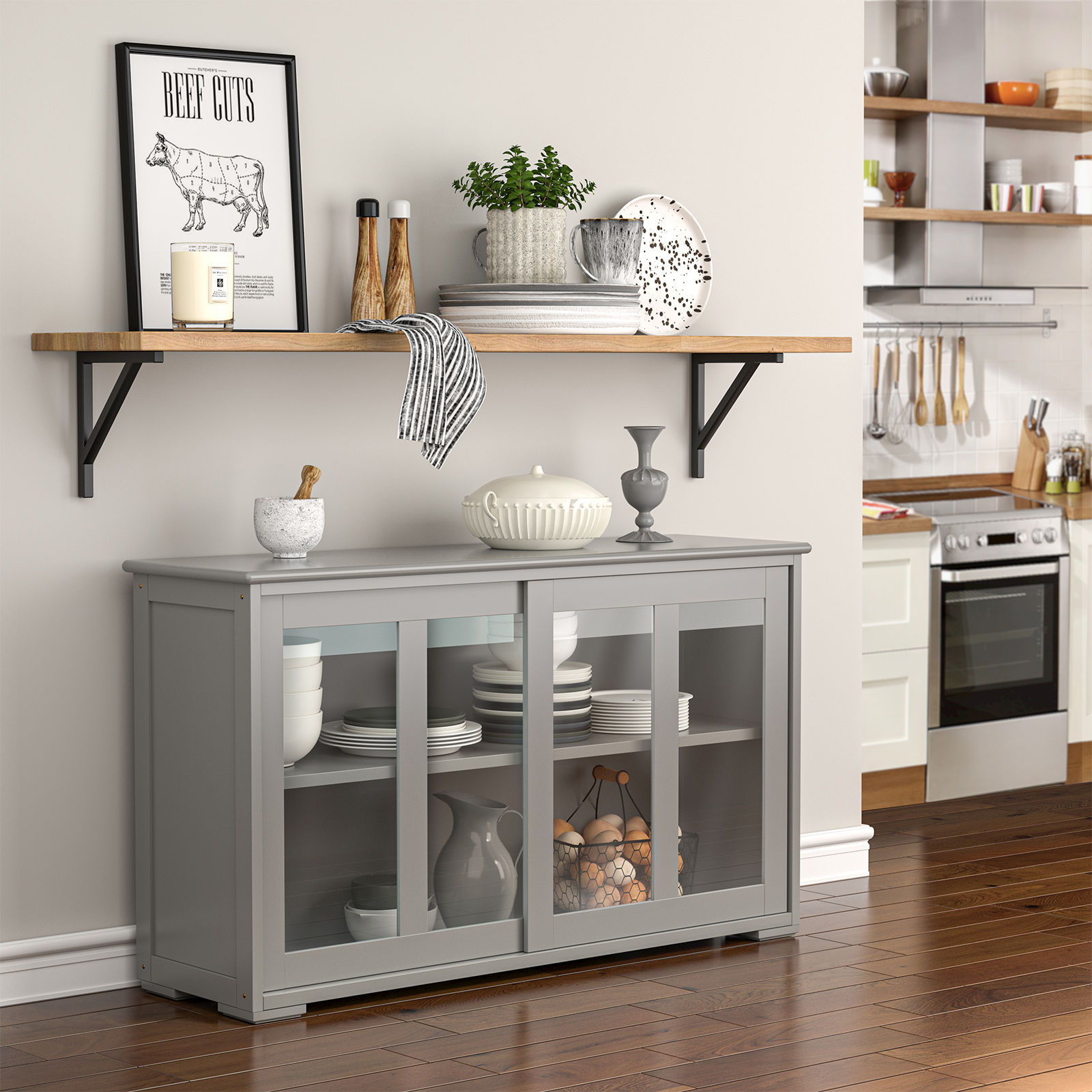 Sideboard Buffet Cupboard Storage Cabinet with Sliding Door, Gray Sideboards Cabinets & Buffets   at Gallery Canada