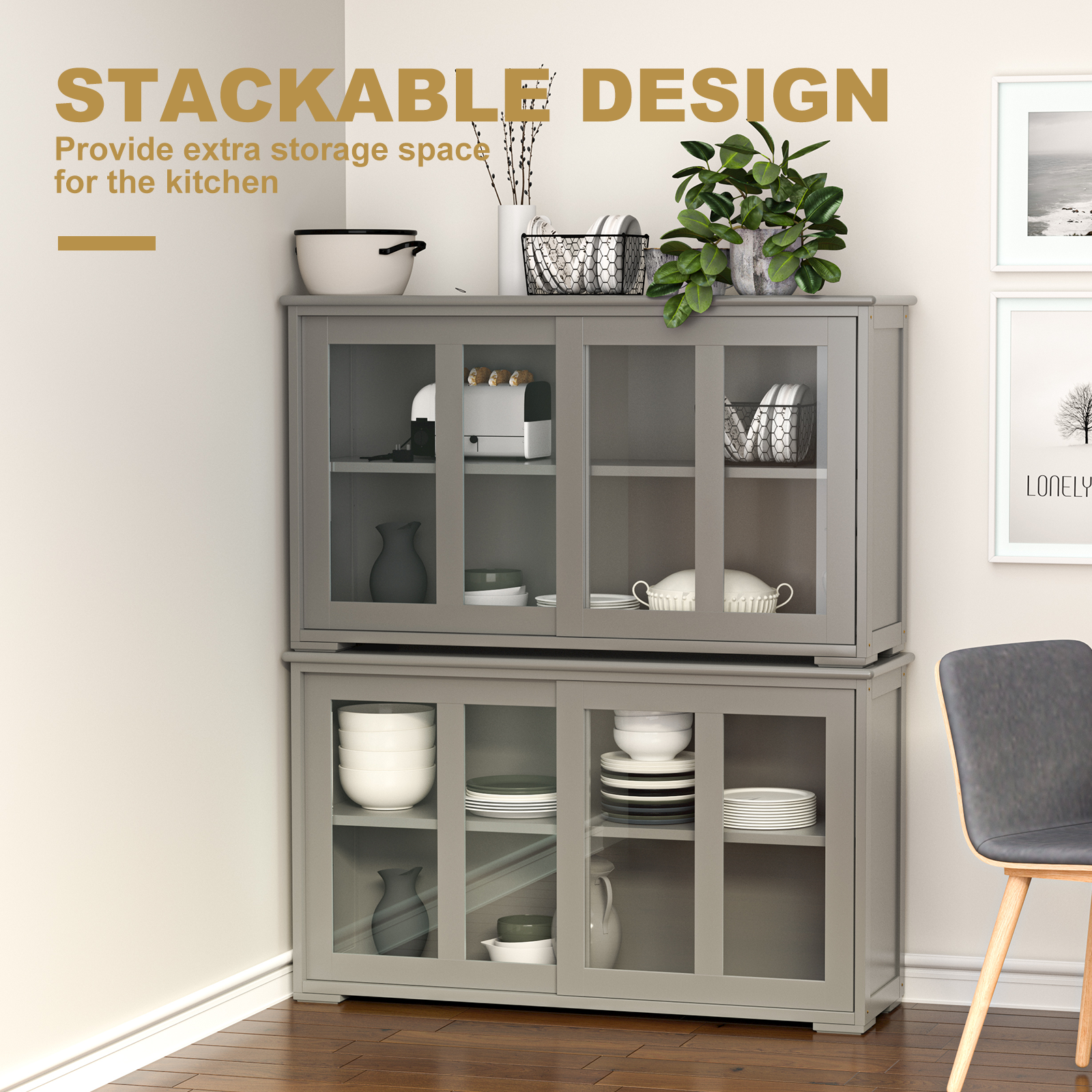 Sideboard Buffet Cupboard Storage Cabinet with Sliding Door, Gray Sideboards Cabinets & Buffets   at Gallery Canada