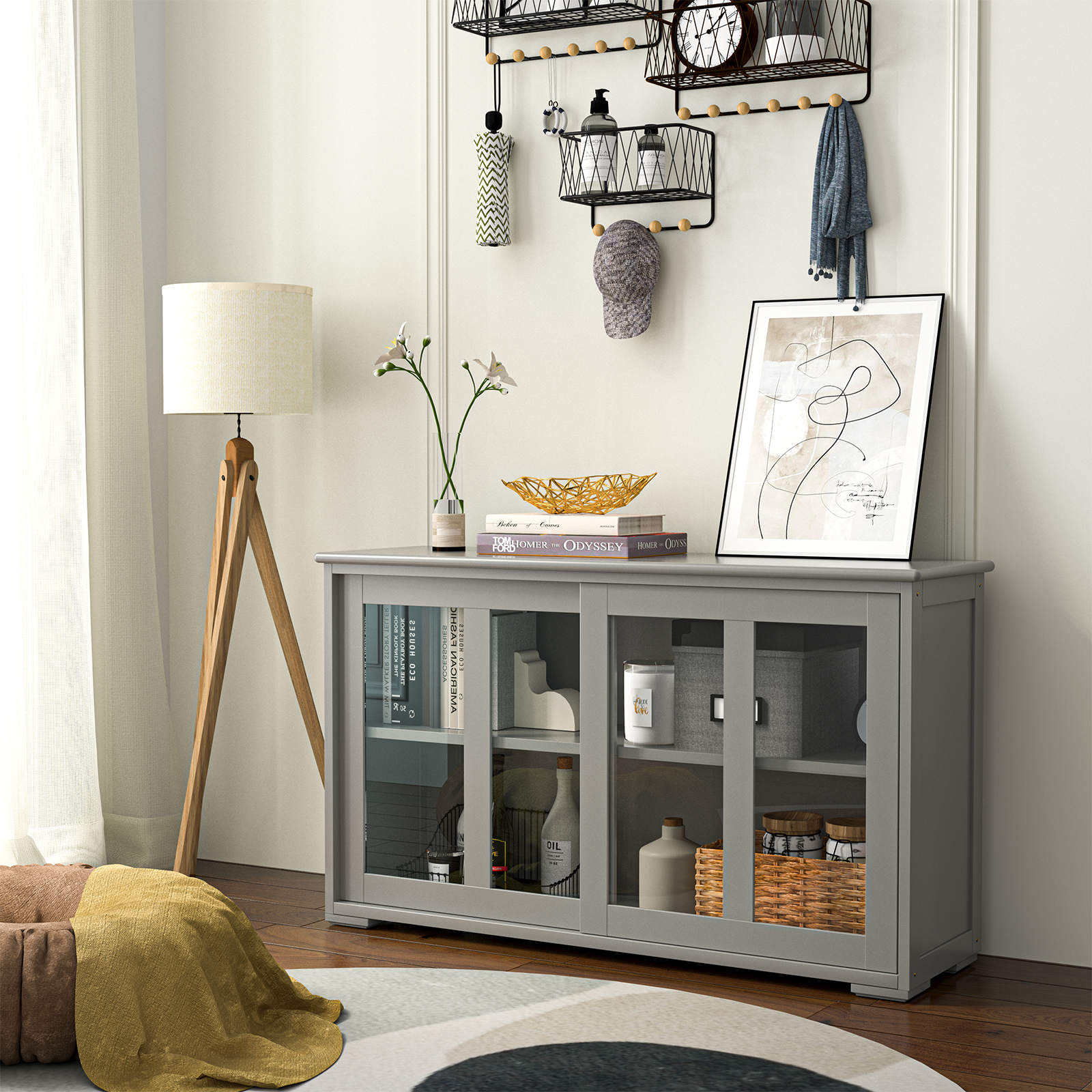 Sideboard Buffet Cupboard Storage Cabinet with Sliding Door, Gray Sideboards Cabinets & Buffets   at Gallery Canada