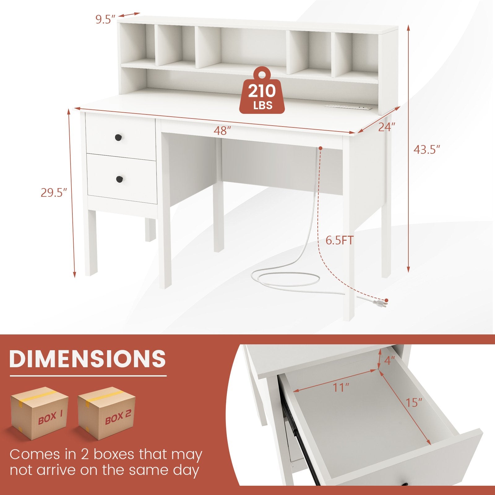 48 Inch Computer Desk with Drawers Power Outlets and 5-Cubby Hutch, White Computer Desks   at Gallery Canada