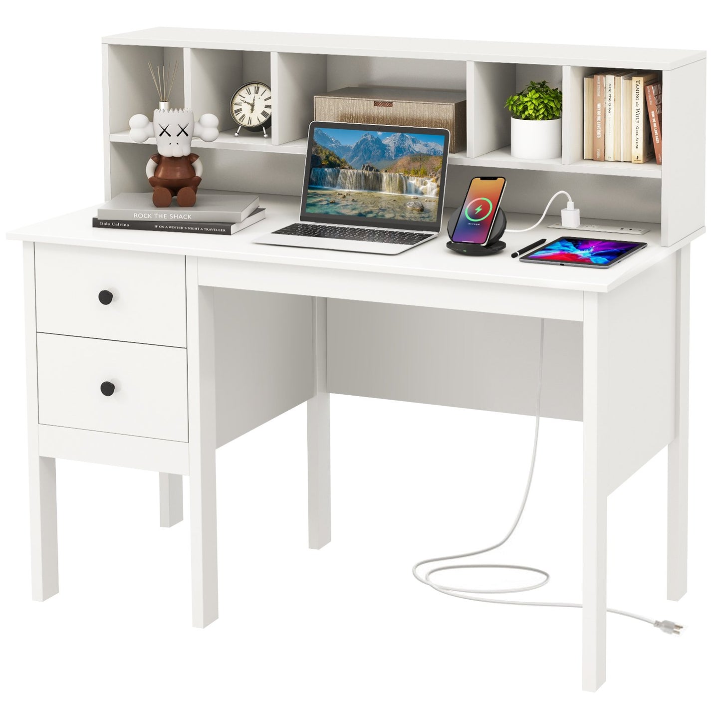 48 Inch Computer Desk with Drawers Power Outlets and 5-Cubby Hutch, White - Gallery Canada