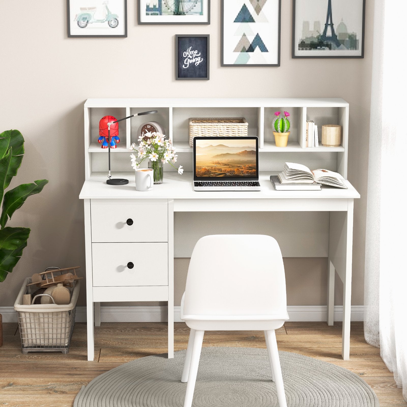 48 Inch Computer Desk with Drawers Power Outlets and 5-Cubby Hutch, White Computer Desks   at Gallery Canada