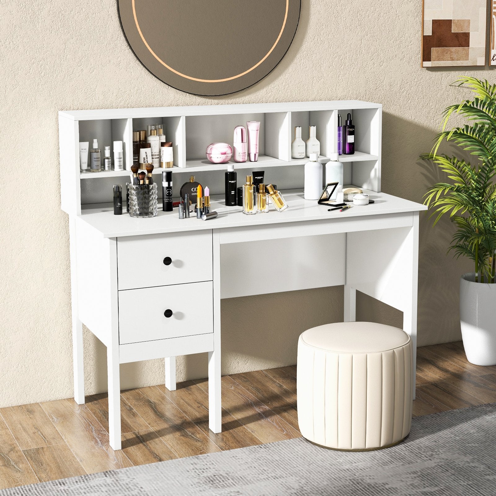 48 Inch Computer Desk with Drawers Power Outlets and 5-Cubby Hutch, White - Gallery Canada